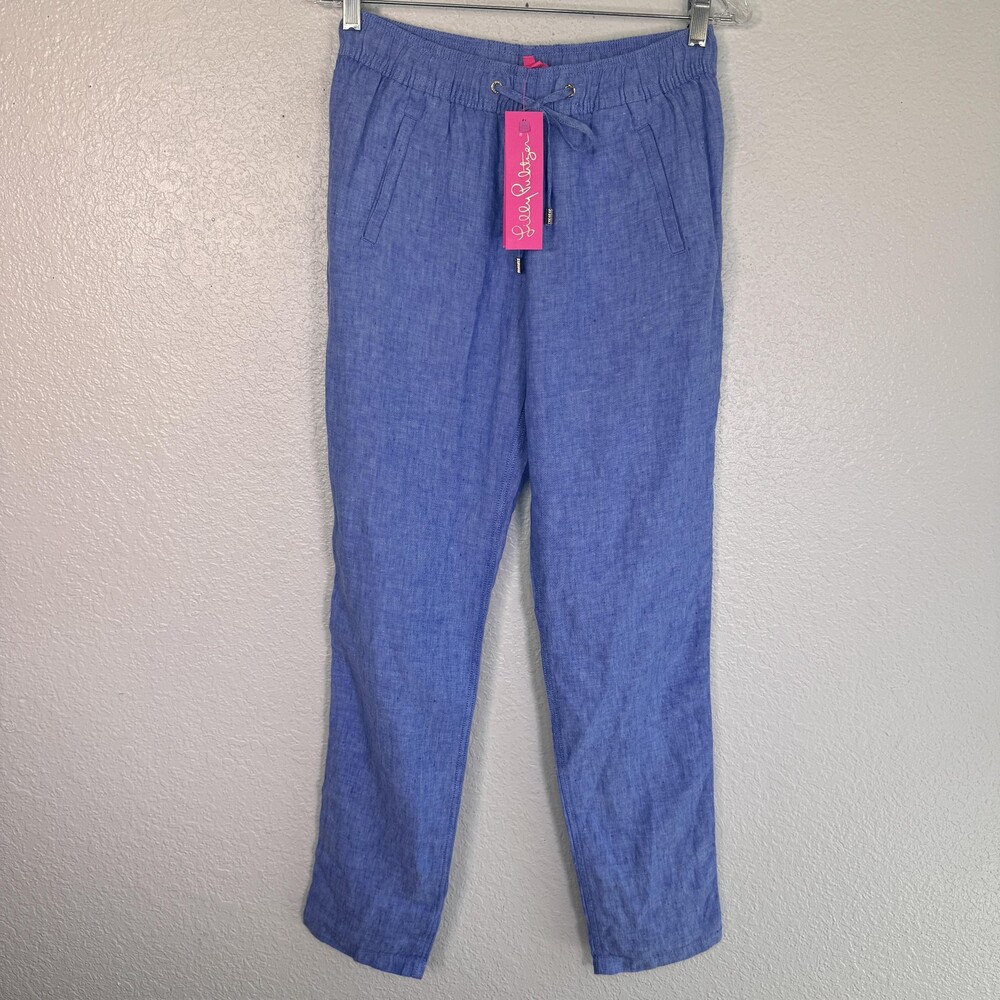 Lilly Pulitzer Linen Pants Womens Large Taron Lagoon Beckon Blue Beachy Coastal